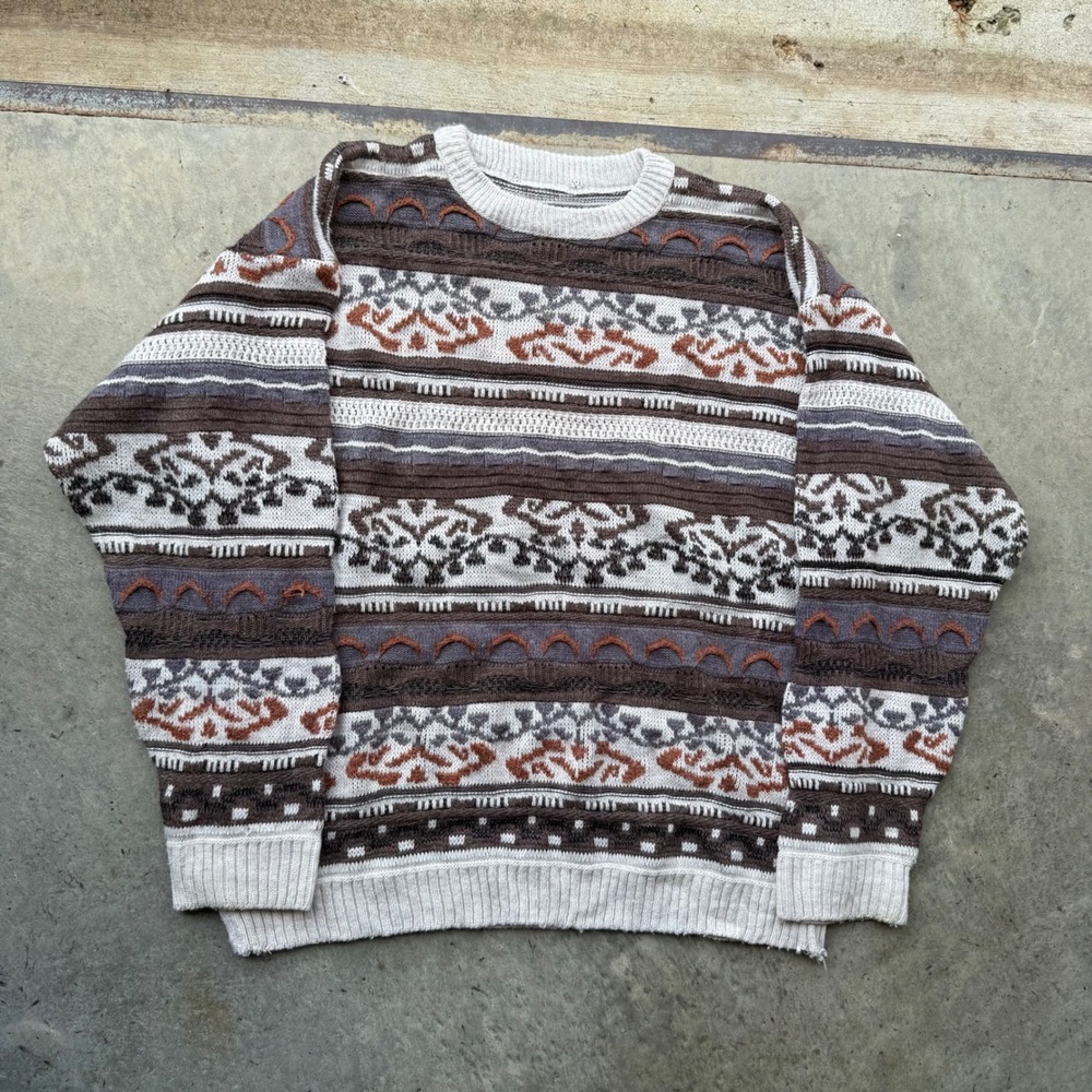 Vintage Multi Pattern Knit Sweater Brown Cream Geometric Crewneck Mens Large 3D